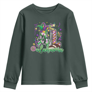 Funny Mardi Gras In Alabama AL Youth Sweatshirt Moon Pie Jester Hat TS11 Dark Forest Green Print Your Wear