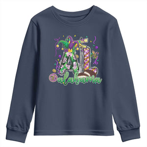 Funny Mardi Gras In Alabama AL Youth Sweatshirt Moon Pie Jester Hat TS11 Navy Print Your Wear