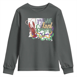 Funny Mardi Gras Louisiana Youth Sweatshirt I Just Want To Be Loved Bayou Crawfish Beads TS11 Dark Heather Print Your Wear