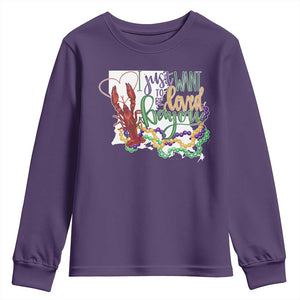 Funny Mardi Gras Louisiana Youth Sweatshirt I Just Want To Be Loved Bayou Crawfish Beads TS11 Purple Print Your Wear