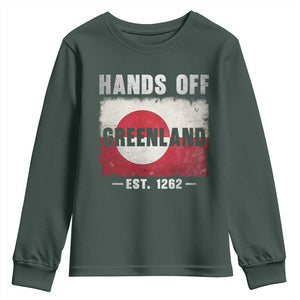 Hands Off Greenland Youth Sweatshirt Greenland EST 1262 Political Protest TS11 Dark Forest Green Print Your Wear