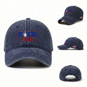 Funny Fck Ice Washed Cotton Baseball Cap Immigration Activist Anti Deportation Middle Finger Graphic TS11 Washed Cap Universal Fit Navy Print Your Wear