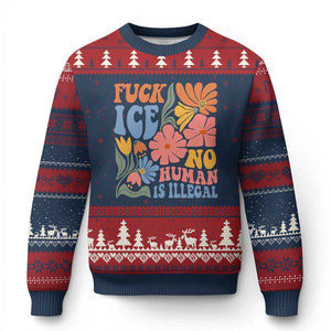 Fck Ice No Human Is Illegal Ugly Christmas Sweater Immigration Rights Protest Rertro Floral TS11 Navy Red Print Your Wear