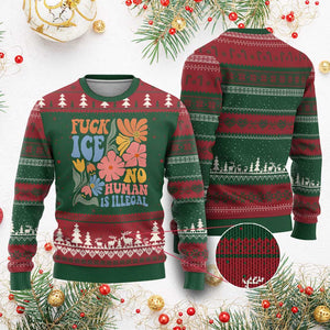 Fck Ice No Human Is Illegal Ugly Christmas Sweater Immigration Rights Protest Rertro Floral TS11 Red Green Print Your Wear