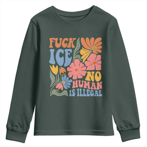 Fck Ice No Human Is Illegal Youth Sweatshirt - Immigration Rights Protest Retro Floral TS11 Dark Forest Green Print Your Wear