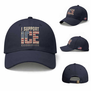 I Support ICE Baseball Cap - Immigration Officers Vintage American Flag TS11 Baseball Cap Universal Fit Navy Print Your Wear