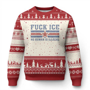 Fck Ice No Human Is Illegal Ugly Christmas Sweater Political Protest Immigration Activist TS11 Beige Red Print Your Wear