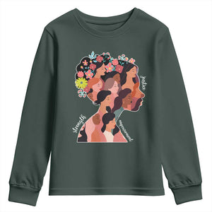 International Women's Day Youth Sweatshirt Justice Strength Empowerment Feminist TS11 Dark Forest Green Print Your Wear