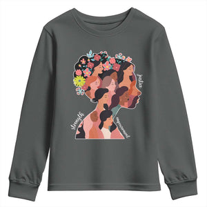 International Women's Day Youth Sweatshirt Justice Strength Empowerment Feminist TS11 Dark Heather Print Your Wear