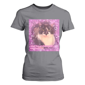 Funny Save The Environment Eat Plastic T Shirt For Women Cat Meme TS11 Charcoal Print Your Wear