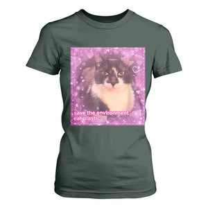 Funny Save The Environment Eat Plastic T Shirt For Women Cat Meme TS11 Dark Forest Green Print Your Wear