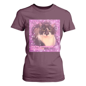 Funny Save The Environment Eat Plastic T Shirt For Women Cat Meme TS11 Maroon Print Your Wear