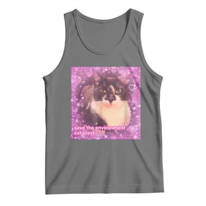 Funny Save The Environment Eat Plastic Tank Top Cat Meme TS11 Black Heather Print Your Wear