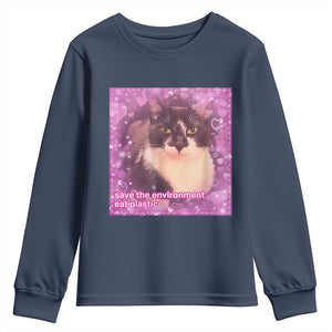 Funny Save The Environment Eat Plastic Youth Sweatshirt Cat Meme TS11 Navy Print Your Wear