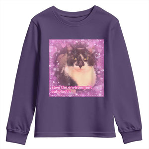 Funny Save The Environment Eat Plastic Youth Sweatshirt Cat Meme TS11 Purple Print Your Wear