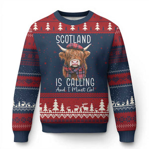 Funny Scotland Is Calling And I Must Go Ugly Christmas Sweater Highland Cow TS11 Navy Red Print Your Wear