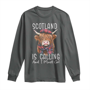Funny Scotland Is Calling And I Must Go Long Sleeve Shirt Highland Cow TS11 Dark Heather Print Your Wear
