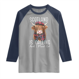 Funny Scotland Is Calling And I Must Go Raglan Shirt Highland Cow TS11 Sport Gray Navy Print Your Wear