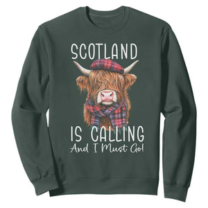 Funny Scotland Is Calling And I Must Go Sweatshirt Highland Cow TS11 Dark Forest Green Print Your Wear
