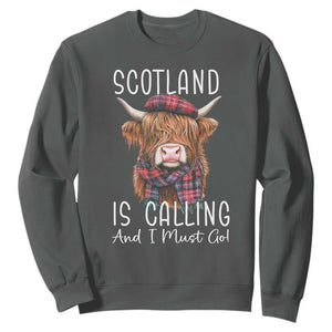 Funny Scotland Is Calling And I Must Go Sweatshirt Highland Cow TS11 Dark Heather Print Your Wear