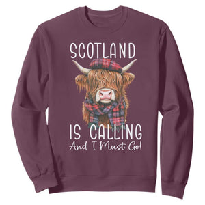 Funny Scotland Is Calling And I Must Go Sweatshirt Highland Cow TS11 Maroon Print Your Wear