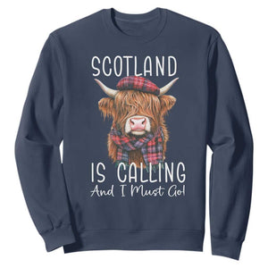 Funny Scotland Is Calling And I Must Go Sweatshirt Highland Cow TS11 Navy Print Your Wear