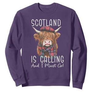 Funny Scotland Is Calling And I Must Go Sweatshirt Highland Cow TS11 Purple Print Your Wear