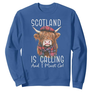 Funny Scotland Is Calling And I Must Go Sweatshirt Highland Cow TS11 Royal Blue Print Your Wear