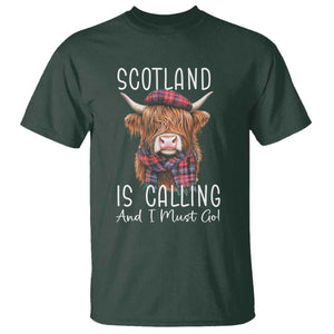 Funny Scotland Is Calling And I Must Go T Shirt Highland Cow TS11 Dark Forest Green Print Your Wear