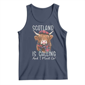 Funny Scotland Is Calling And I Must Go Tank Top Highland Cow TS11 Navy Print Your Wear