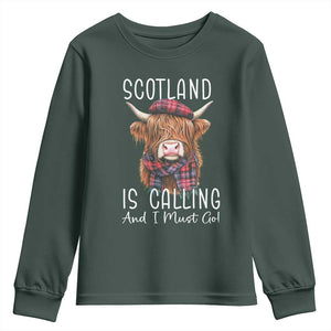 Funny Scotland Is Calling And I Must Go Youth Sweatshirt Highland Cow TS11 Dark Forest Green Print Your Wear