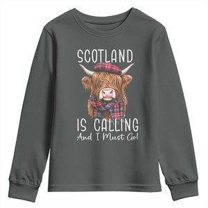 Funny Scotland Is Calling And I Must Go Youth Sweatshirt Highland Cow TS11 Dark Heather Print Your Wear