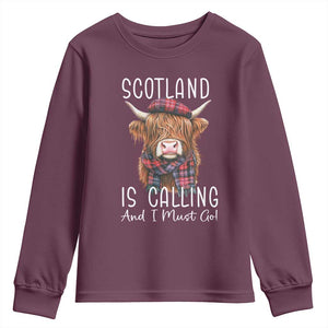 Funny Scotland Is Calling And I Must Go Youth Sweatshirt Highland Cow TS11 Maroon Print Your Wear