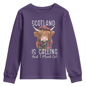 Funny Scotland Is Calling And I Must Go Youth Sweatshirt Highland Cow TS11 Purple Print Your Wear