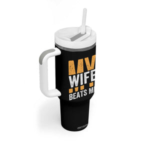 Funny My Wife Beats Me Husband Tumbler With Handle Vintage Text Sarcastic TS11 Print Your Wear