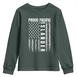 Proud Pacific Islander Youth Sweatshirt AAPI Heritage Month Polynesian Tribal American Flag TS11 Dark Forest Green Print Your Wear