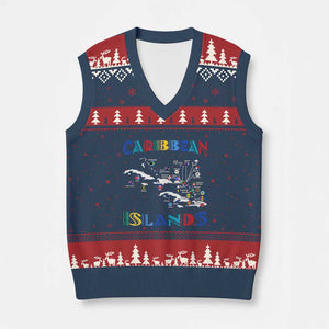 Caribbean Islands V-Neck Knit Sweater Vest Caribbean Sea Tour Map Flag TS11 Navy Red Print Your Wear