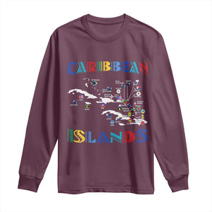 Caribbean Islands Long Sleeve Shirt Caribbean Sea Tour Map Flag TS11 Maroon Print Your Wear
