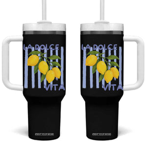 La Dolce Vita Lemon Italian Summer Tumbler With Handle Blue Striped TS11 One Size: 40 oz White Print Your Wear