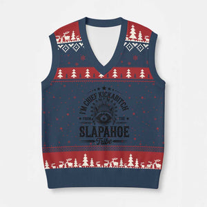 Funny I'm Chief Kickabitch From The Slapahoe Tribe V-Neck Knit Sweater Vest Native American Racoon TS11 Navy Red Print Your Wear