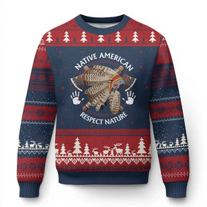 Native American Respect Nature Ugly Christmas Sweater Indigenous Indian War Bonnet Tomahawks TS11 Navy Red Print Your Wear