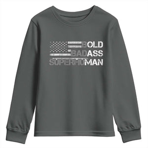 Funny Bold Badass Superhuman Youth Sweatshirt Vintage American Flag Fathers Day TS11 Dark Heather Print Your Wear