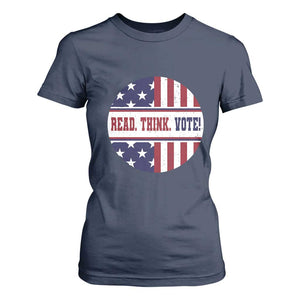 Read Think Vote T Shirt For Women Presidential Election 2024 Vintage American Flag TS11 Navy Print Your Wear