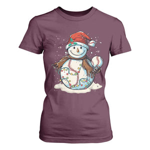 Funny Christmas Baseball T Shirt For Women Cute Snowman Baseball Players Santa Hat TS11 Maroon Print Your Wear