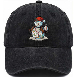 Funny Christmas Baseball Washed Cotton Baseball Cap Cute Snowman Baseball Players Santa Hat TS11 Washed Cap Universal Fit Black Print Your Wear