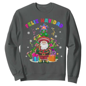 Funny Christmas In Mexico Sweatshirt Feliz Navidad Sombrero Santa Xmas Tree TS11 Dark Heather Print Your Wear