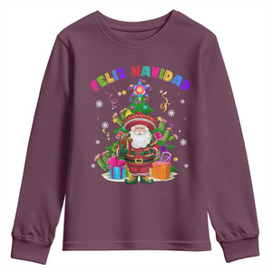 Funny Christmas In Mexico Youth Sweatshirt Feliz Navidad Sombrero Santa Xmas Tree TS11 Maroon Print Your Wear