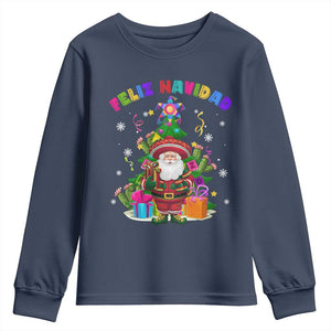 Funny Christmas In Mexico Youth Sweatshirt Feliz Navidad Sombrero Santa Xmas Tree TS11 Navy Print Your Wear