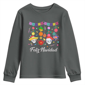 Feliz Navidad Youth Sweatshirt Funny Christmas In Mexico Sugar Skull Pinata Star TS11 Dark Heather Print Your Wear