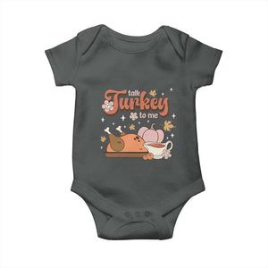 Funny Retro Thanksgiving Baby Onesie Talk Turkey To Me Fall Season Family Matching TS11 Dark Heather Print Your Wear